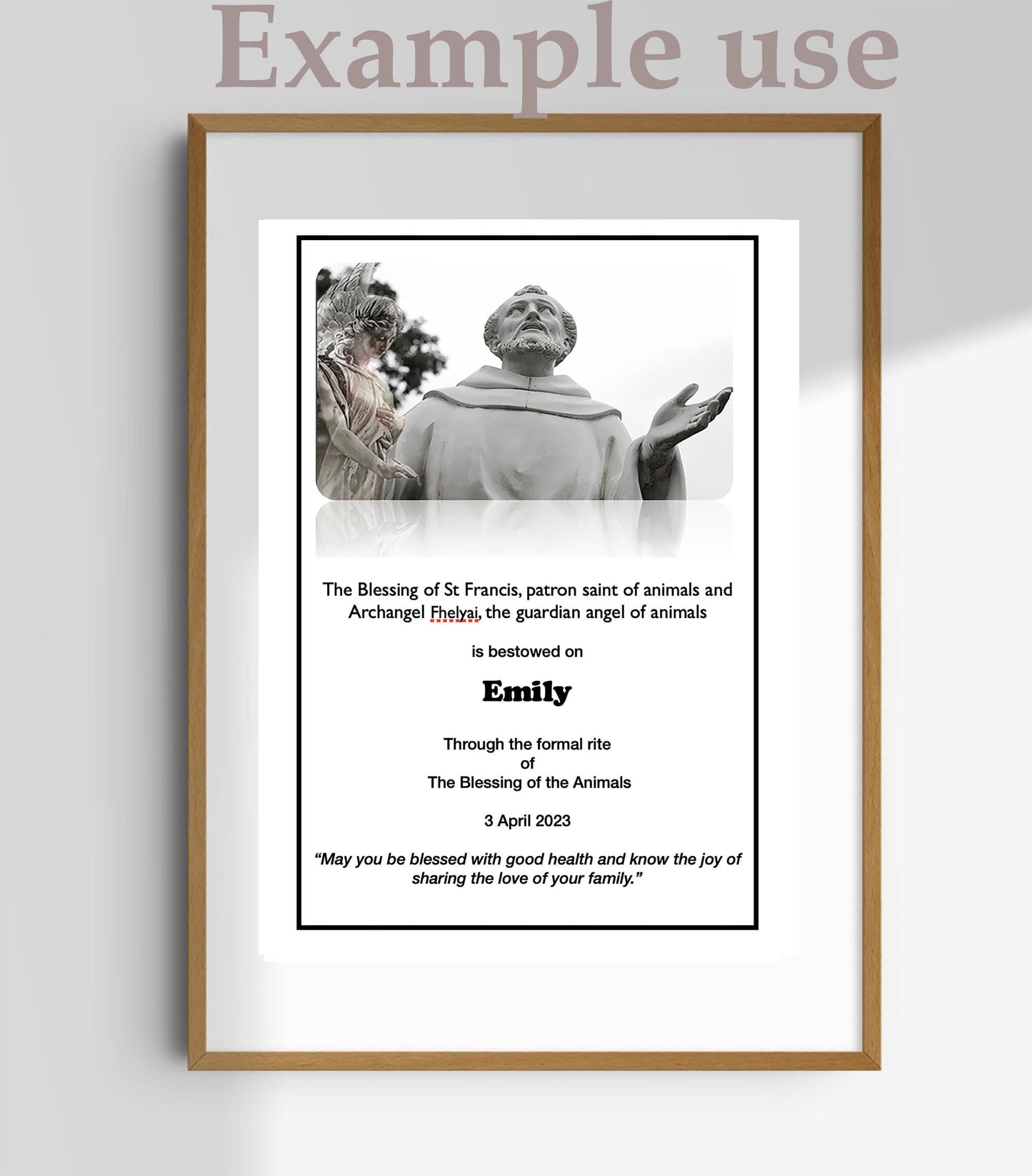 Pet Blessing of Good Health and Love | by St Francis and Angel Fhelyai, guard and protect with FREE blessing card to frame