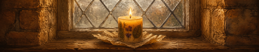 A single beeswax candle burning on a worn wooden windowsill with rosemary, violet, and bay leaf pressed into its base, an autumn morning visible through the leaded window behind it